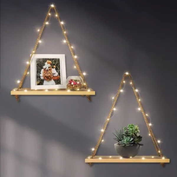 Étagère Lumineuse LED en bois Naturelle avec corde de jute – Image 6